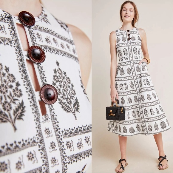 Anthropologie • Woodblock Midi Dress cream brown floral print stretch twill - Picture 3 of 13